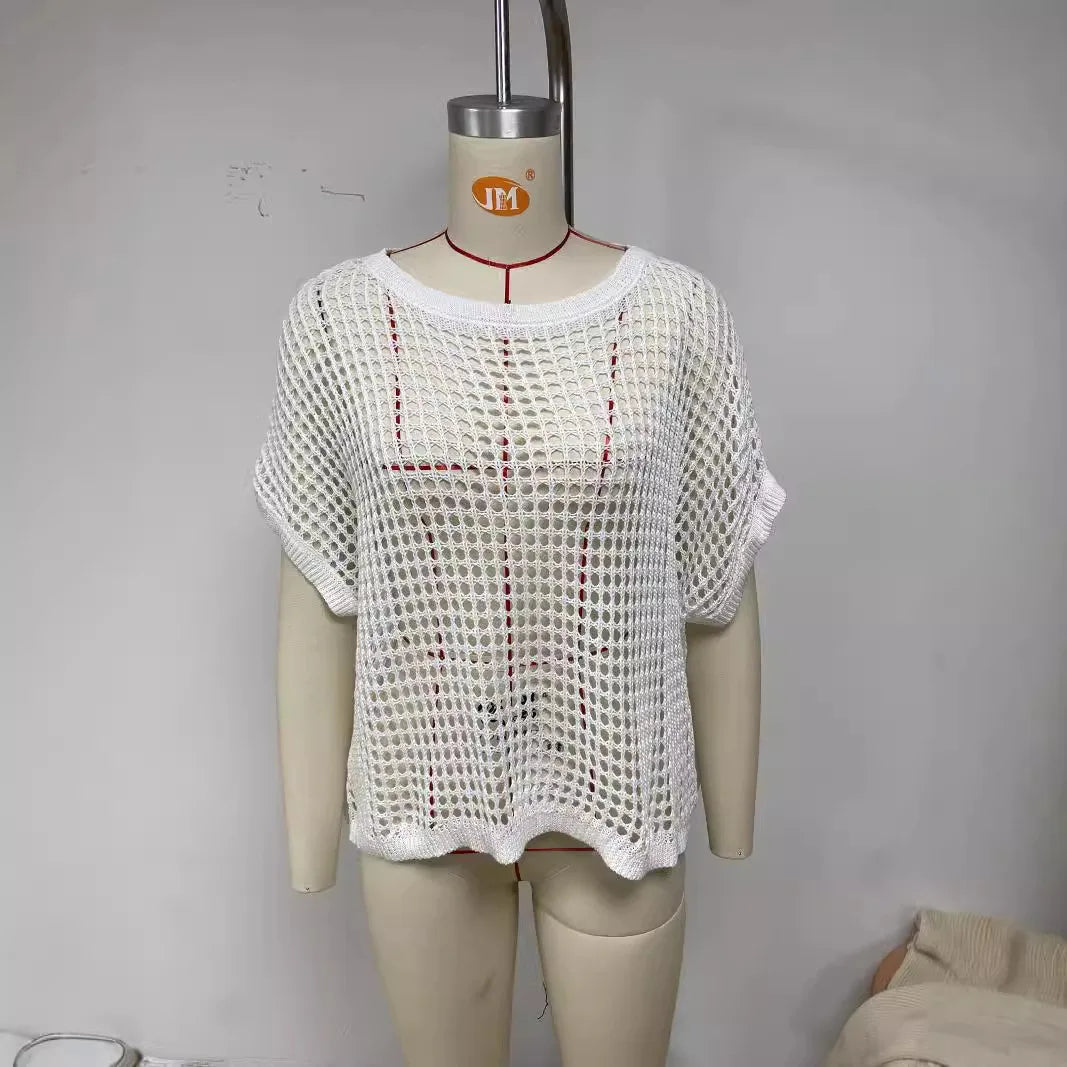 Women'S V Neck Shirt Summer Scoop Neck Short Sleeve Sweatshirt Lace Crochet Hollow Out Tops Perspective Shirts for Women 2025