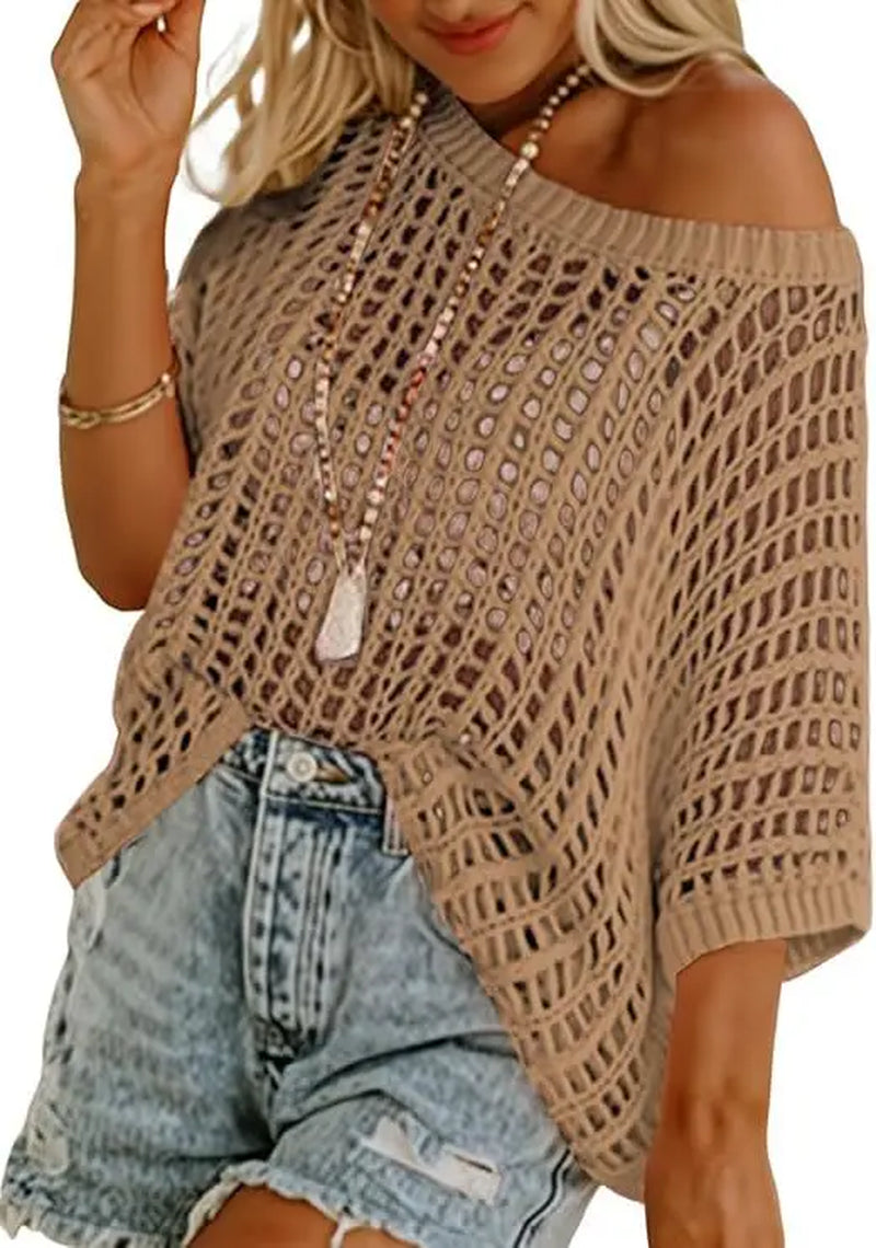 Women'S V Neck Shirt Summer Scoop Neck Short Sleeve Sweatshirt Lace Crochet Hollow Out Tops Perspective Shirts for Women 2025