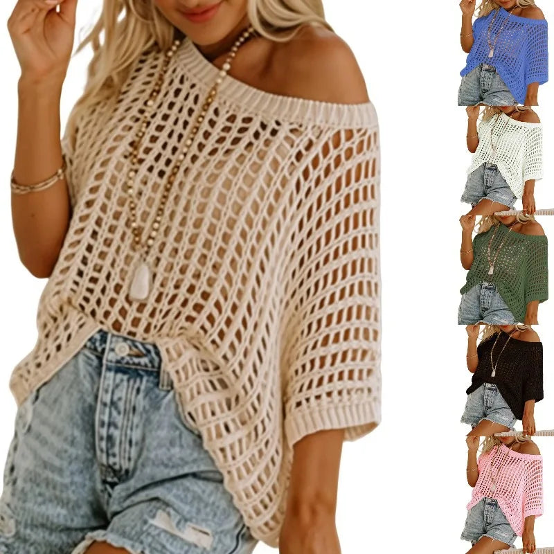 Women'S V Neck Shirt Summer Scoop Neck Short Sleeve Sweatshirt Lace Crochet Hollow Out Tops Perspective Shirts for Women 2025