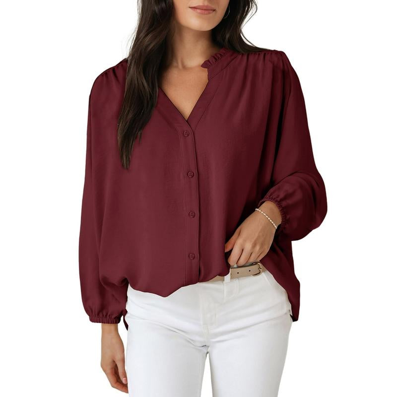 Dokotoo Womens Tops Blouses for Women Dressy Casual Button down Shirts V Neck Long Sleeve Shirts Business Work Blouses