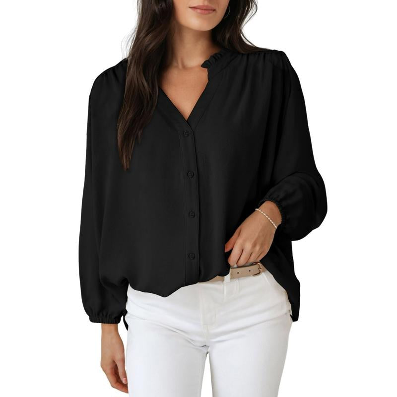 Dokotoo Womens Tops Blouses for Women Dressy Casual Button down Shirts V Neck Long Sleeve Shirts Business Work Blouses