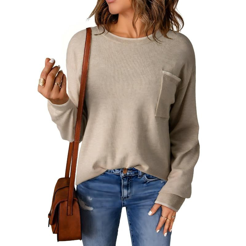 Dokotoo Womens Clothing Crewneck Cuffed Long Sleeve Pocket Loose 2025 Fall Winter Fashion Knit Tops Pullover Sweaters