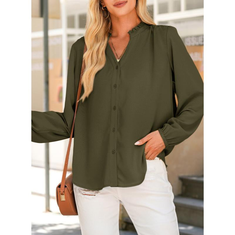 Dokotoo Womens Tops Blouses for Women Dressy Casual Button down Shirts V Neck Long Sleeve Shirts Business Work Blouses