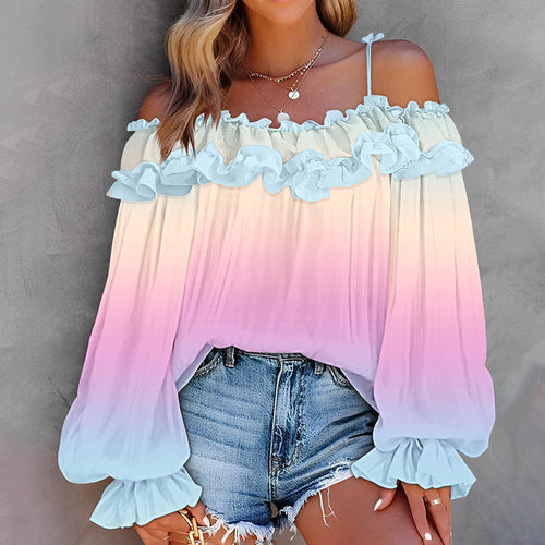 Ladies Summer Gradient Sexy Off-Shoulder Ruffle Long Sleeves