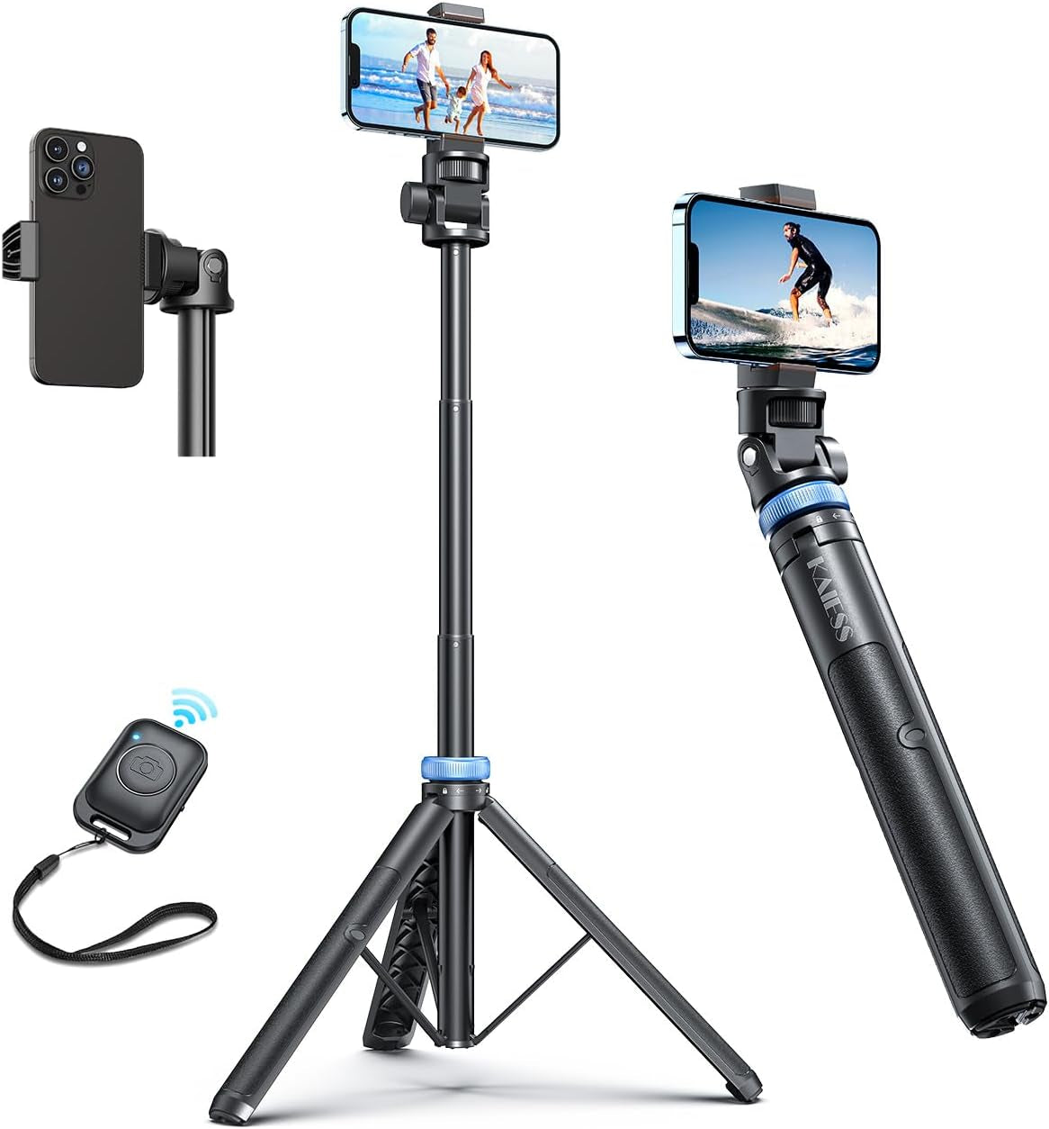 Kaiess 62" Phone Tripod & Selfie Stick, Extendable Photography Light Stand with Wireless Remote, Solidest, Portable, Lightweight, Compatible with Iphone/Android Phone