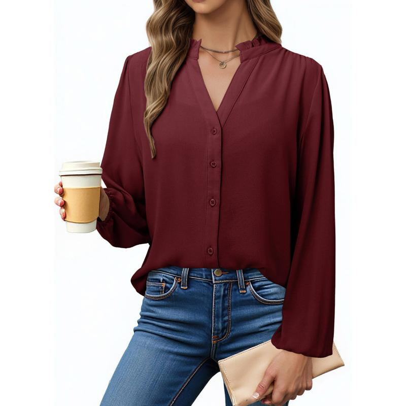 Dokotoo Womens Tops Blouses for Women Dressy Casual Button down Shirts V Neck Long Sleeve Shirts Business Work Blouses