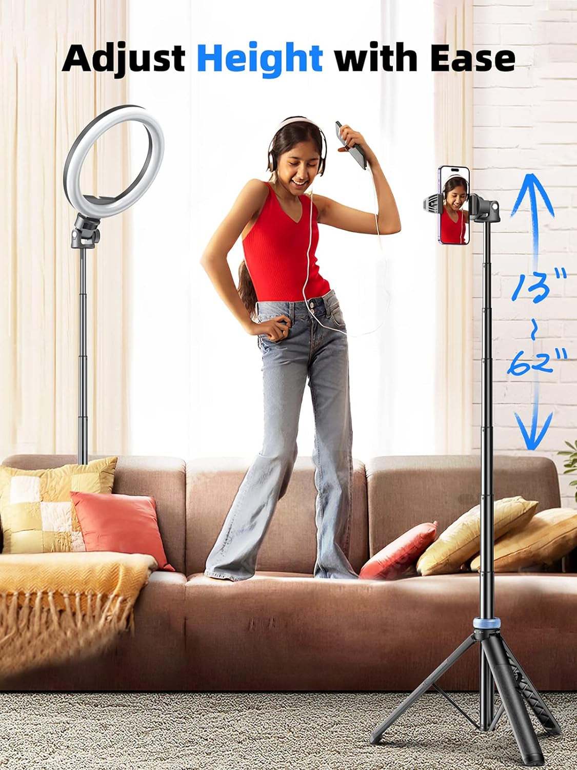 Kaiess 62" Phone Tripod & Selfie Stick, Extendable Photography Light Stand with Wireless Remote, Solidest, Portable, Lightweight, Compatible with Iphone/Android Phone