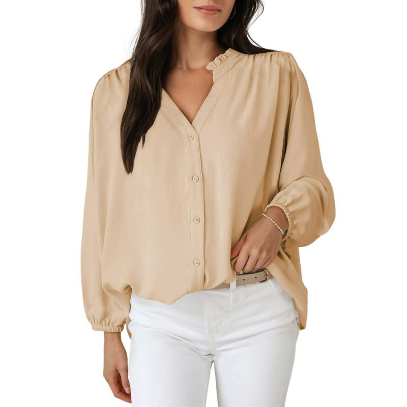 Dokotoo Womens Tops Blouses for Women Dressy Casual Button down Shirts V Neck Long Sleeve Shirts Business Work Blouses