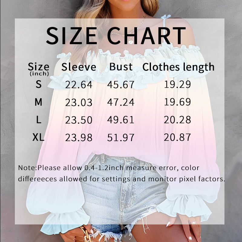 Ladies Summer Gradient Sexy Off-Shoulder Ruffle Long Sleeves
