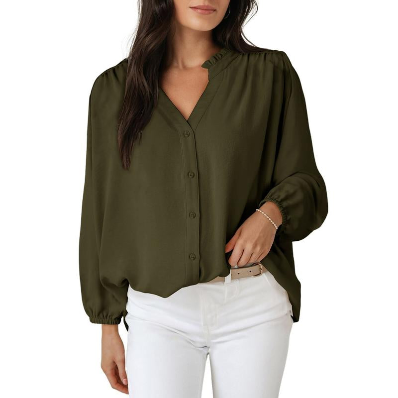 Dokotoo Womens Tops Blouses for Women Dressy Casual Button down Shirts V Neck Long Sleeve Shirts Business Work Blouses