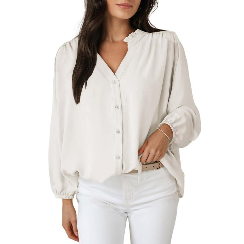 Dokotoo Womens Tops Blouses for Women Dressy Casual Button down Shirts V Neck Long Sleeve Shirts Business Work Blouses