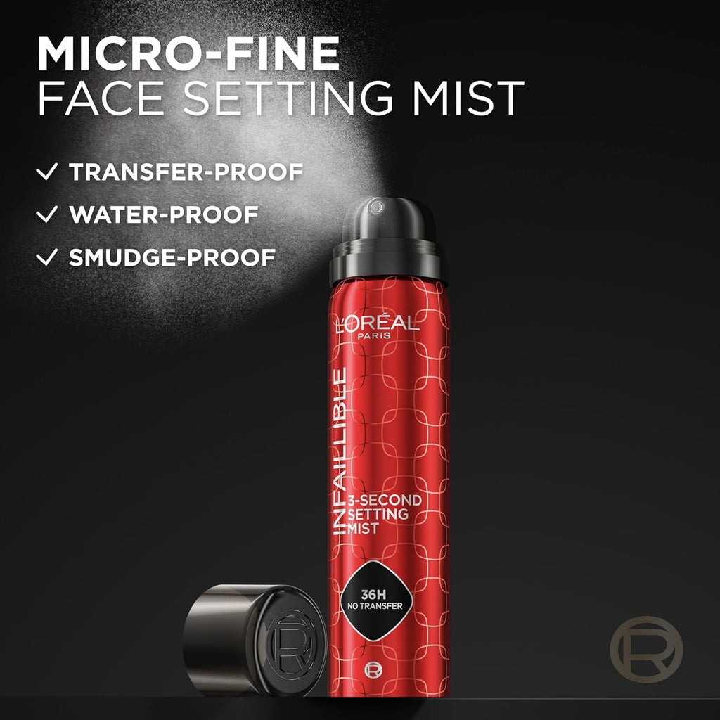 L’Oréal Paris Infallible 3-Second Makeup Setting Spray, Microfine Mist for up to 36H Wear, Lightweight, Transfer Proof, Waterproof, Dries in 3 Seconds, 75Ml