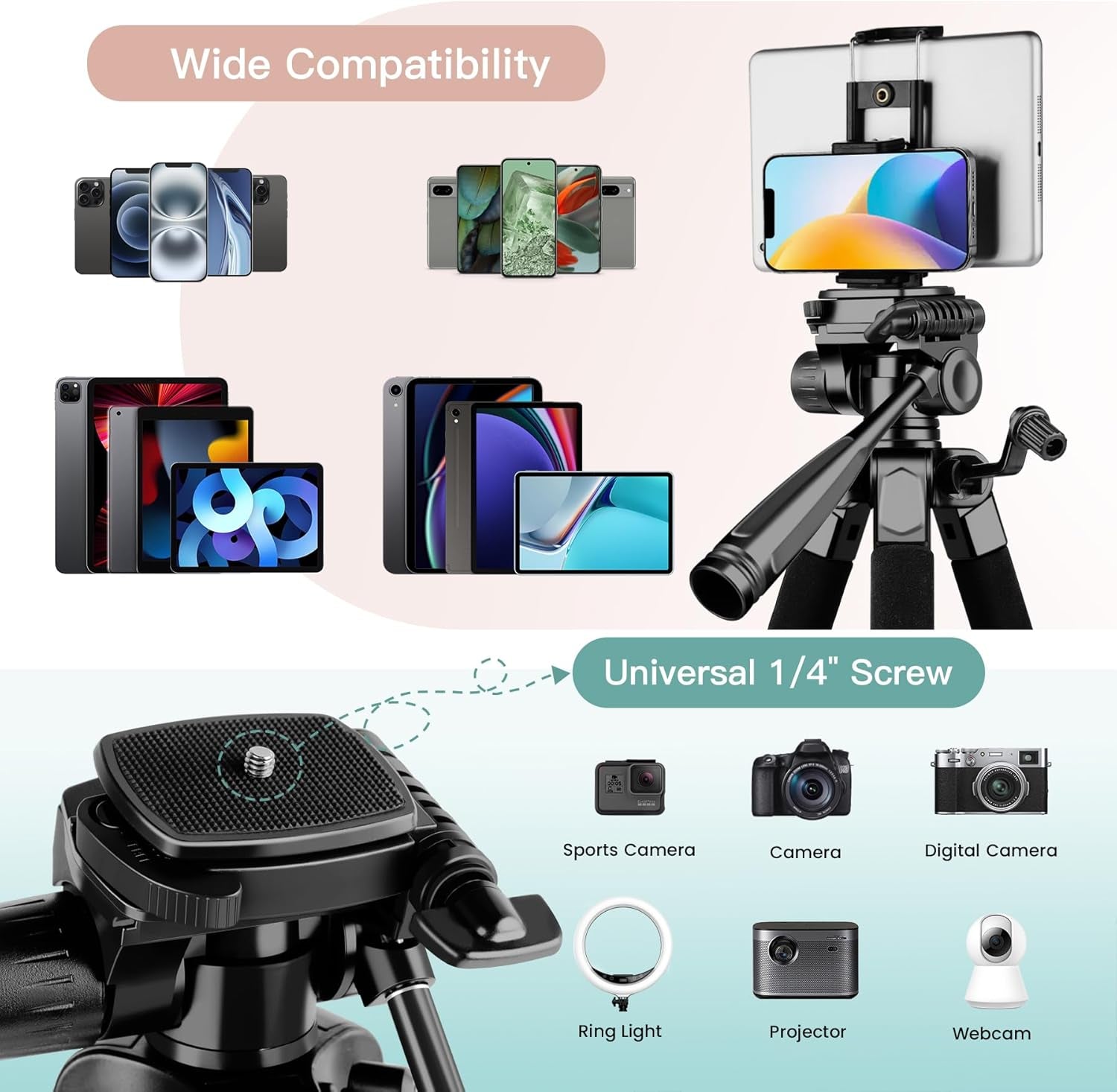 Victiv 68" Phone Tripod, Camera Tripod for Ipad Iphone Tablet with Remote and Holder, Lightweight and Compact Travel Tripod, Phone Stand for Video Recording Travel Photo Vlog Photography
