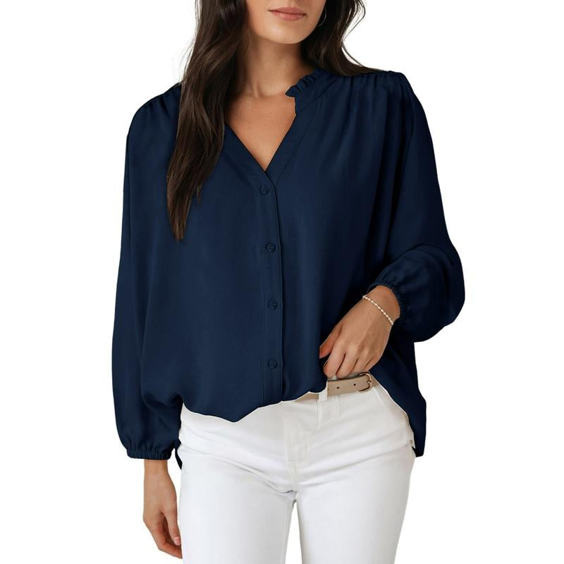 Dokotoo Womens Tops Blouses for Women Dressy Casual Button down Shirts V Neck Long Sleeve Shirts Business Work Blouses