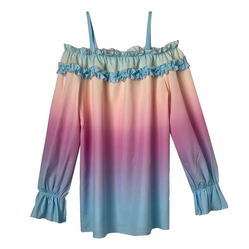 Ladies Summer Gradient Sexy Off-Shoulder Ruffle Long Sleeves