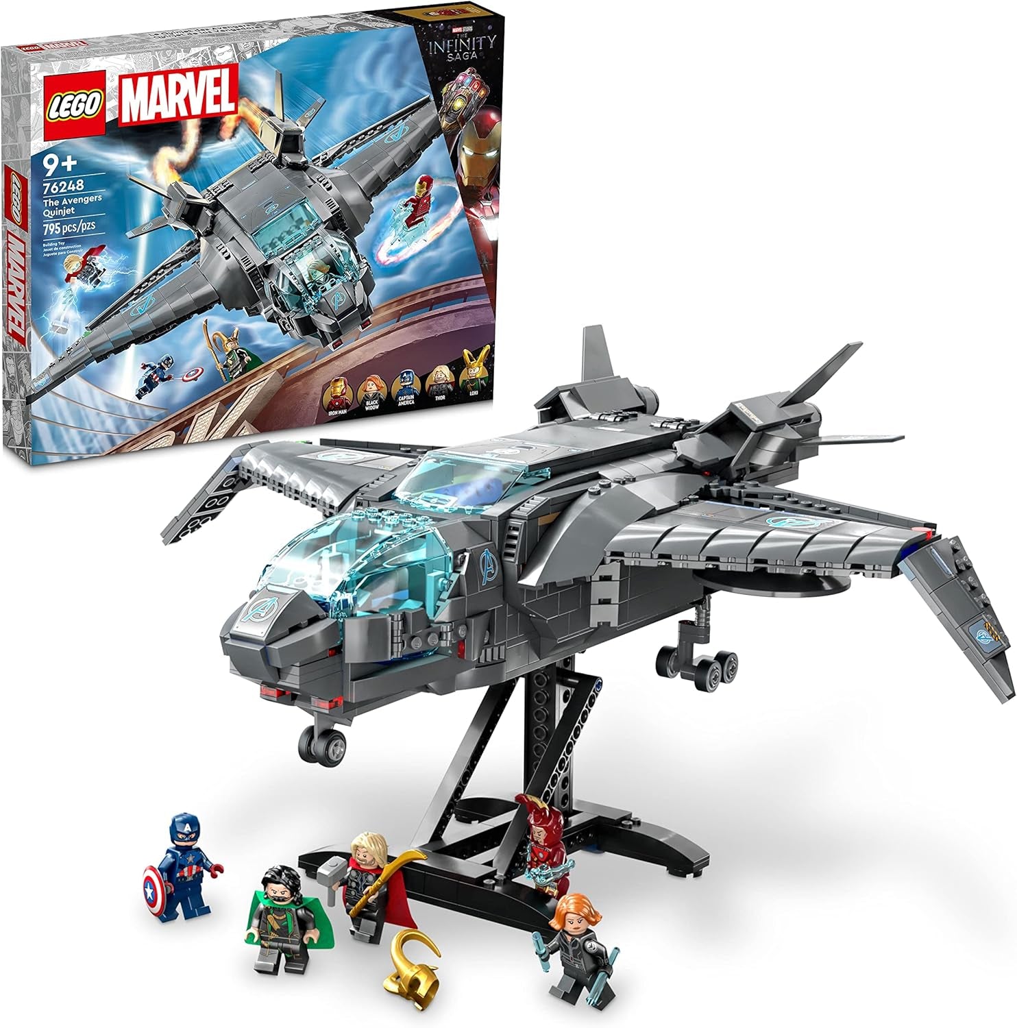 LEGO Marvel the Avengers Quinjet 76248, Spaceship Building Toy Set with Thor, Iron Man, Black Widow, Loki and Captain America Minifigures, Infinity Saga