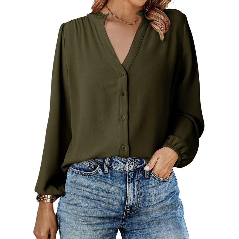 Dokotoo Womens Tops Blouses for Women Dressy Casual Button down Shirts V Neck Long Sleeve Shirts Business Work Blouses