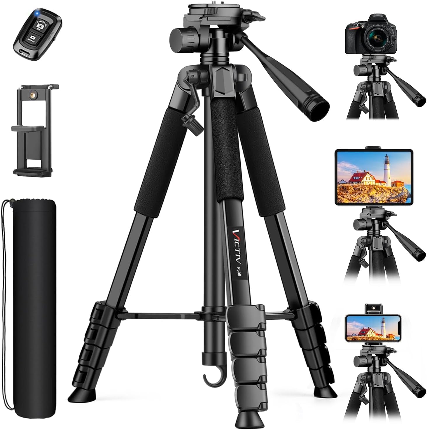 Victiv 68" Phone Tripod, Camera Tripod for Ipad Iphone Tablet with Remote and Holder, Lightweight and Compact Travel Tripod, Phone Stand for Video Recording Travel Photo Vlog Photography