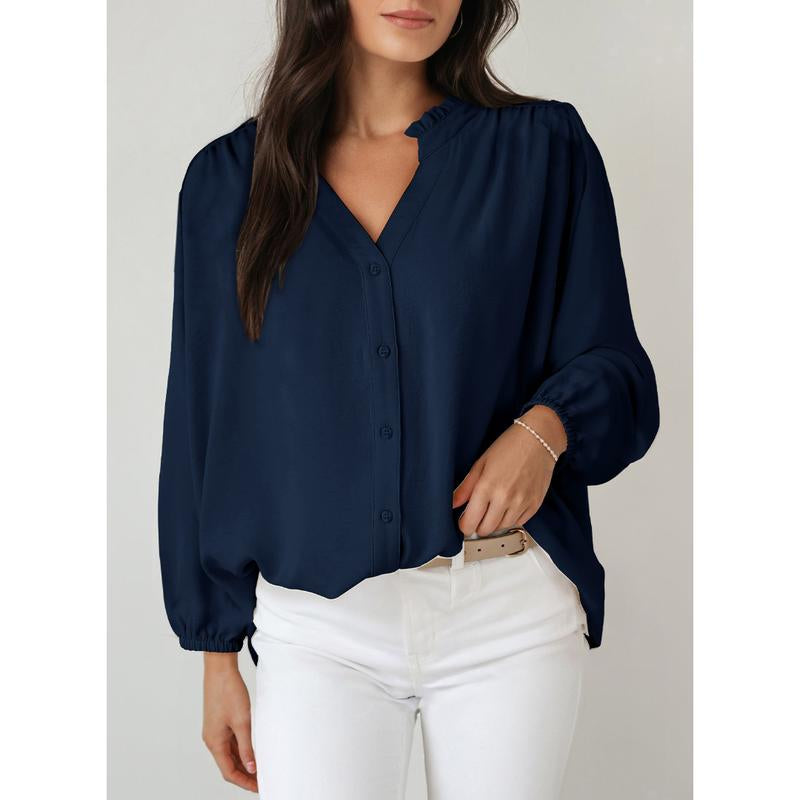 Dokotoo Womens Tops Blouses for Women Dressy Casual Button down Shirts V Neck Long Sleeve Shirts Business Work Blouses