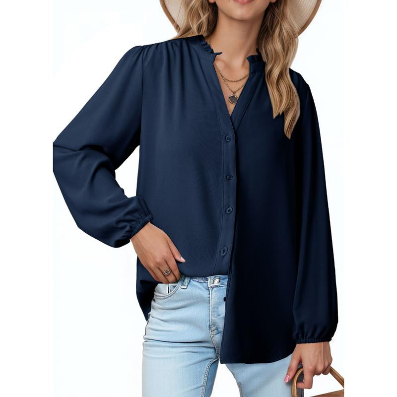Dokotoo Womens Tops Blouses for Women Dressy Casual Button down Shirts V Neck Long Sleeve Shirts Business Work Blouses
