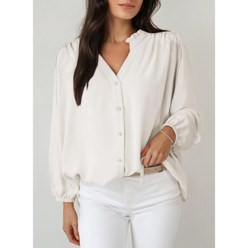 Dokotoo Womens Tops Blouses for Women Dressy Casual Button down Shirts V Neck Long Sleeve Shirts Business Work Blouses