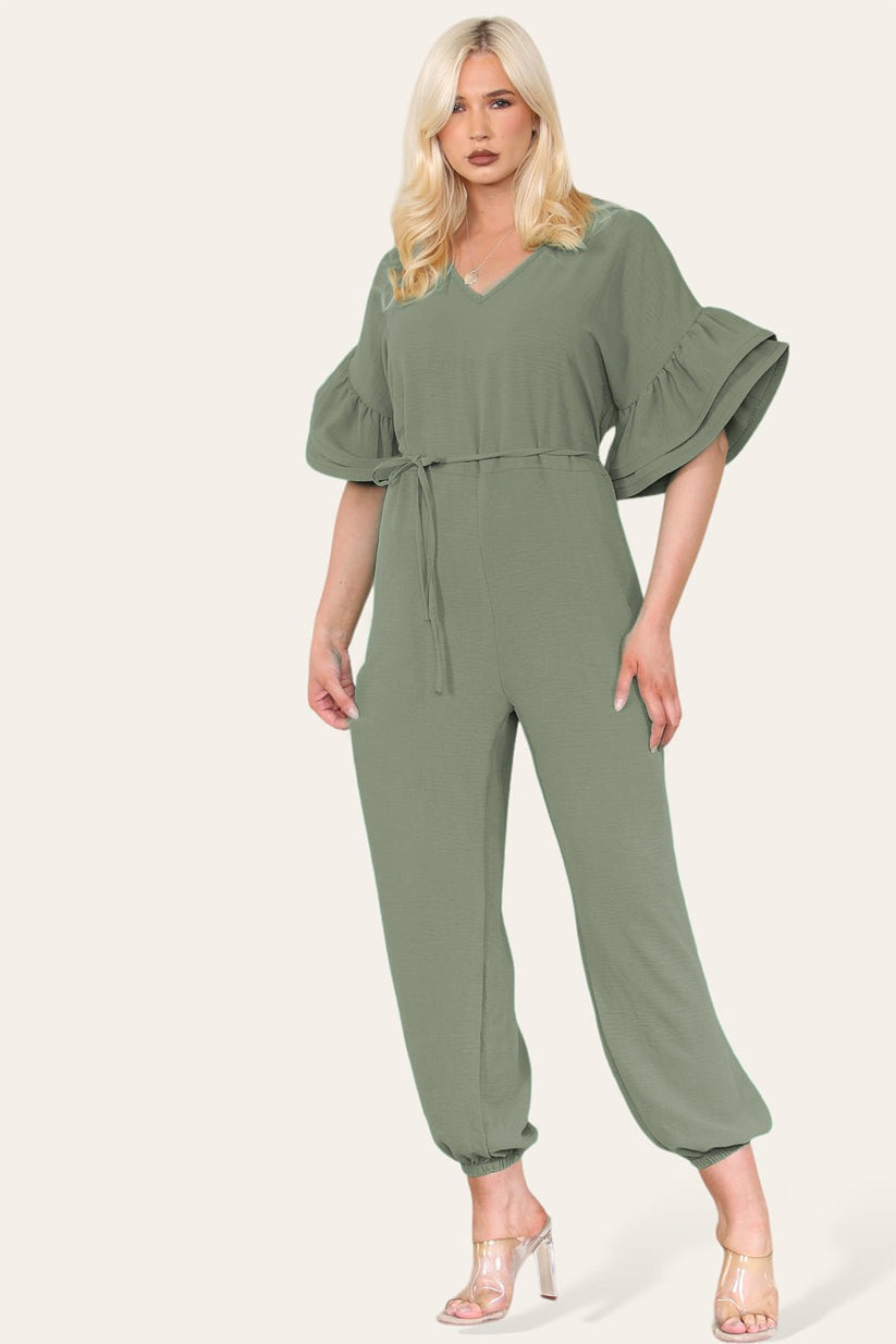 Women’s Casual Oversized Gold Button Pleated Frilled Ruffle Short Slee