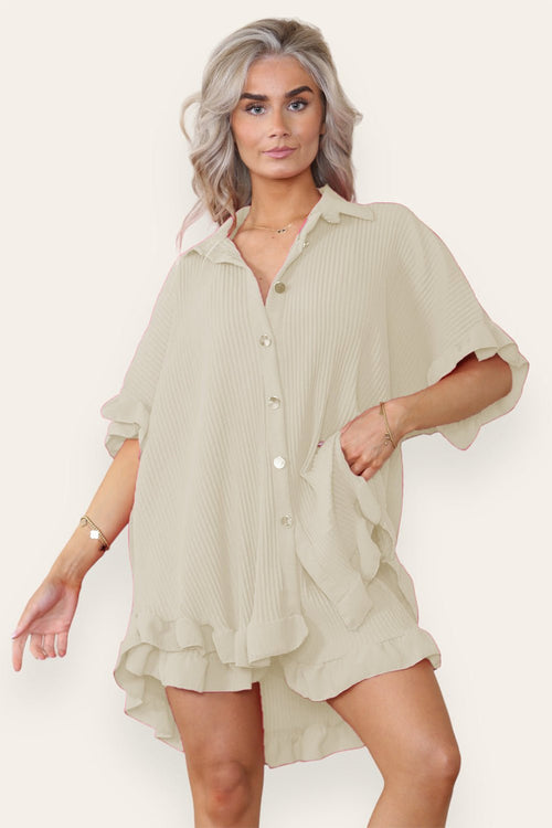 Women’s Casual Oversized Gold Button Pleated Frilled Ruffle Short Slee