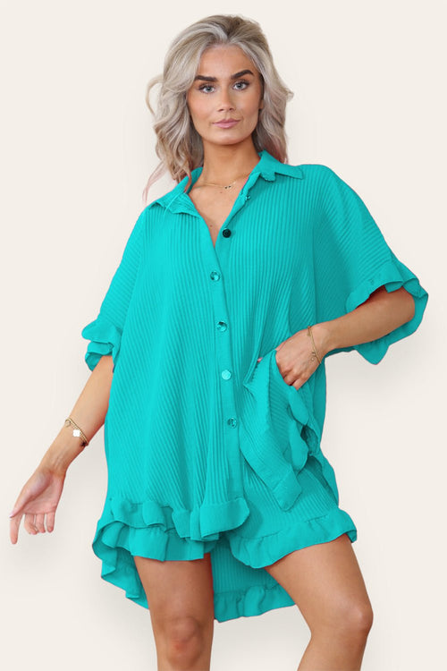 Women’s Casual Oversized Gold Button Pleated Frilled Ruffle Short Slee
