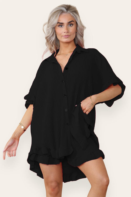 Women’s Casual Oversized Gold Button Pleated Frilled Ruffle Short Slee