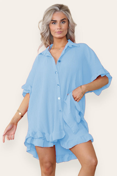 Women’s Casual Oversized Gold Button Pleated Frilled Ruffle Short Slee