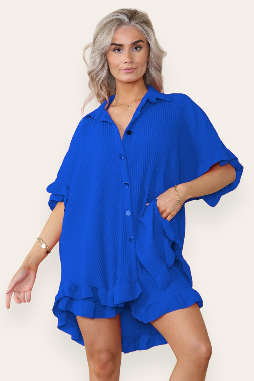 Women’s Casual Oversized Gold Button Pleated Frilled Ruffle Short Slee