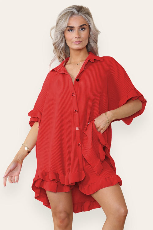 Women’s Casual Oversized Gold Button Pleated Frilled Ruffle Short Slee