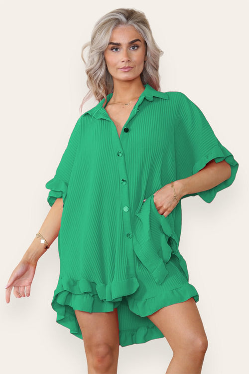 Women’s Casual Oversized Gold Button Pleated Frilled Ruffle Short Slee