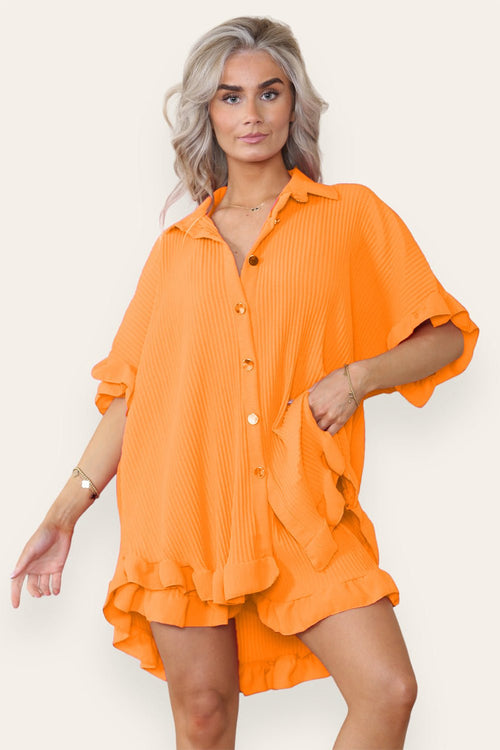 Women’s Casual Oversized Gold Button Pleated Frilled Ruffle Short Slee